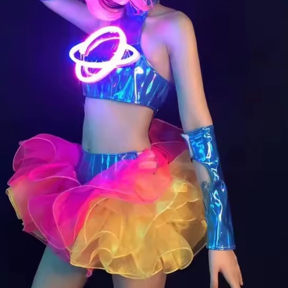 Holographic LED Light Up Planet Crop Pink, Blue Yellow Tulle Tutu Mini Dress Set - Picture 7 of 8